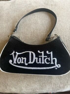 Von Dutch Black Velvet Mini Shoulder Bag with Crystal Logo